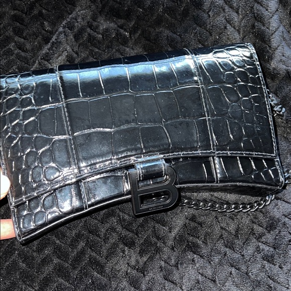 Balenciaga Hourglass Black Croc-Embossed Crossbody wallet Bag - Picture 1 of 9